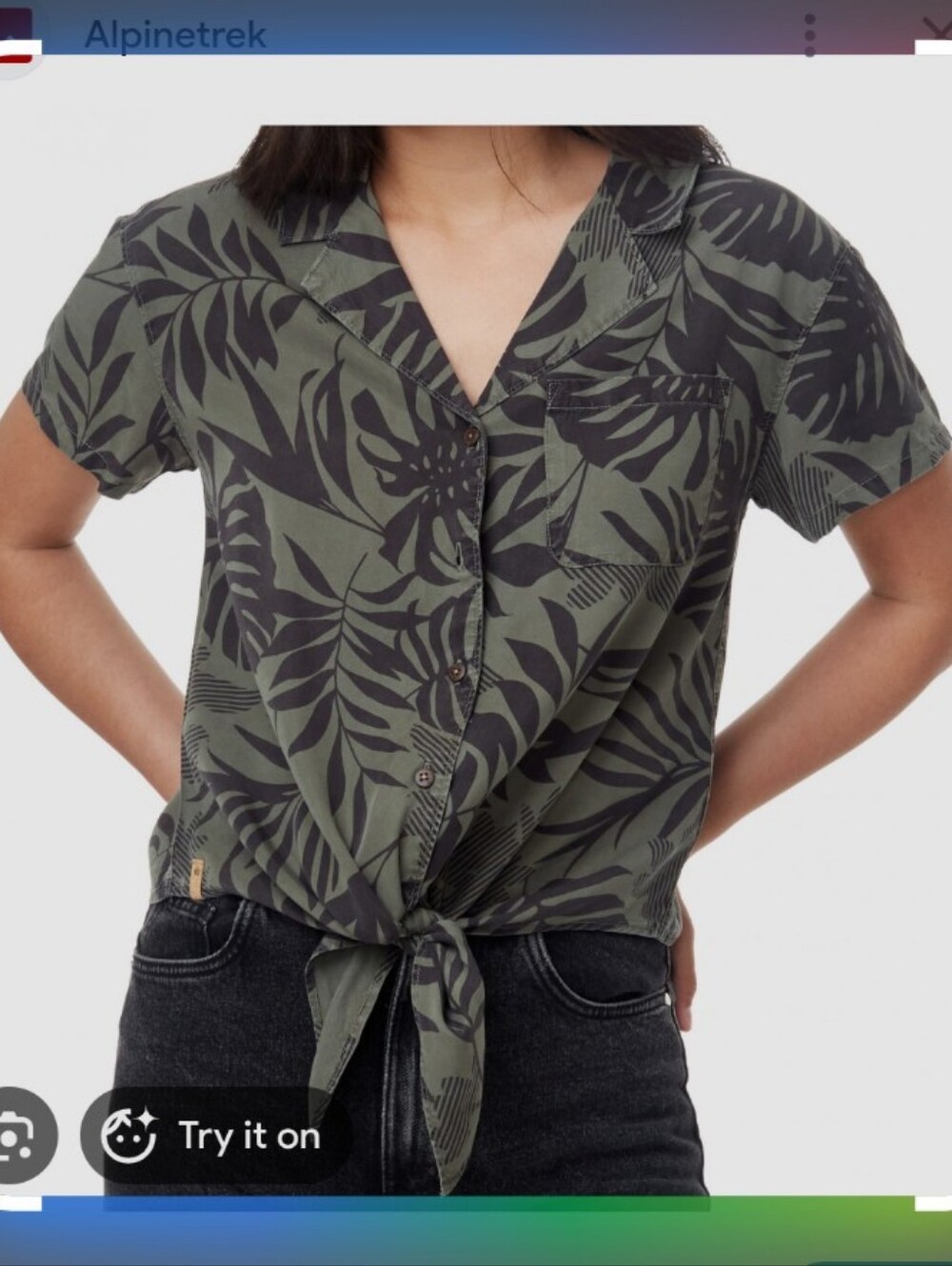 tentree Women's Leaf Pattern Button Down Shirt - Green and Gray